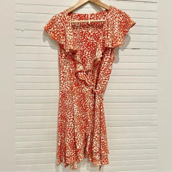 Free People Women's French Quarter Wrap Mini Dress Orange Print Size S Casual - Picture 2 of 12